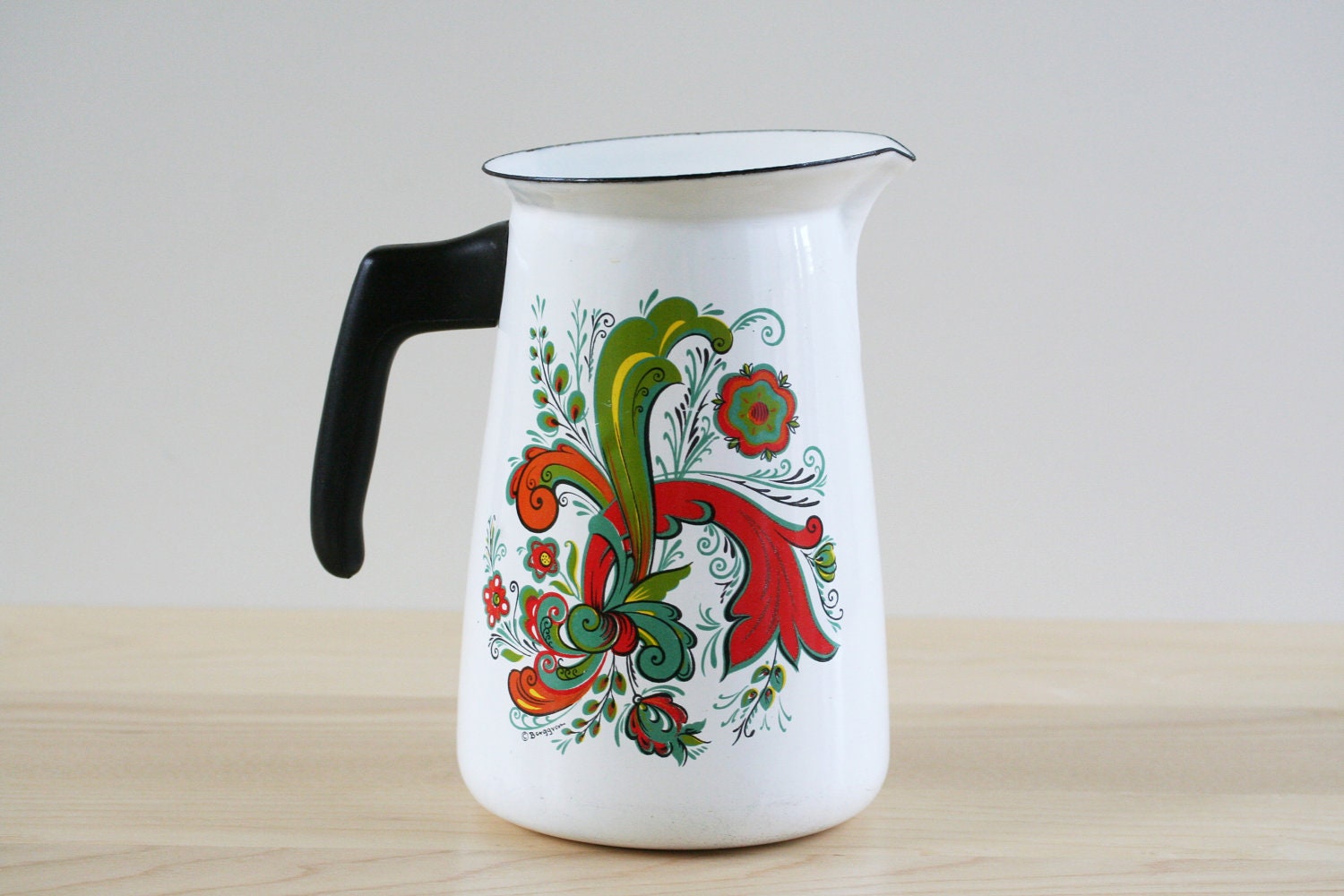 Vintage Berggren Enamel Folk Art Pitcher