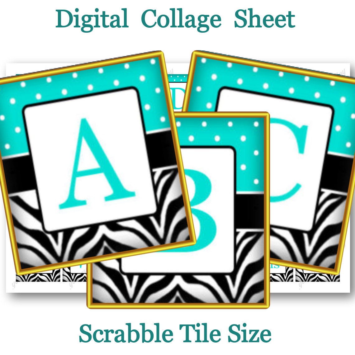 Zebra Turquoise Alphabet - 4 X 6 Digital Collage Sheet - .75 X .83 Scrabble Tile Images - Instant Download
