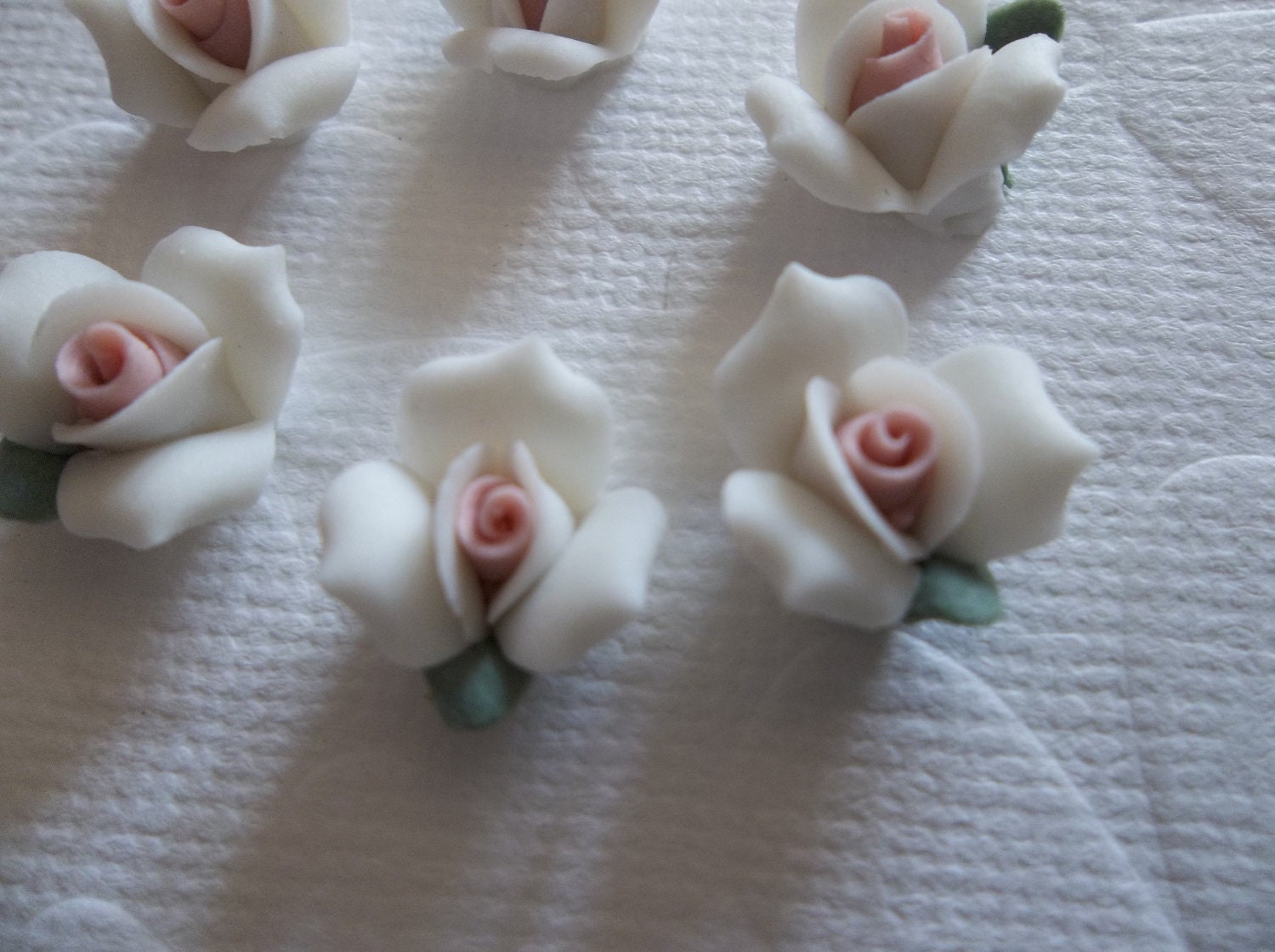 Sweet White Ceramic Rose Flower Flat Back 11mm Cabochons with Pink Center and Green Leaf - Qty 6