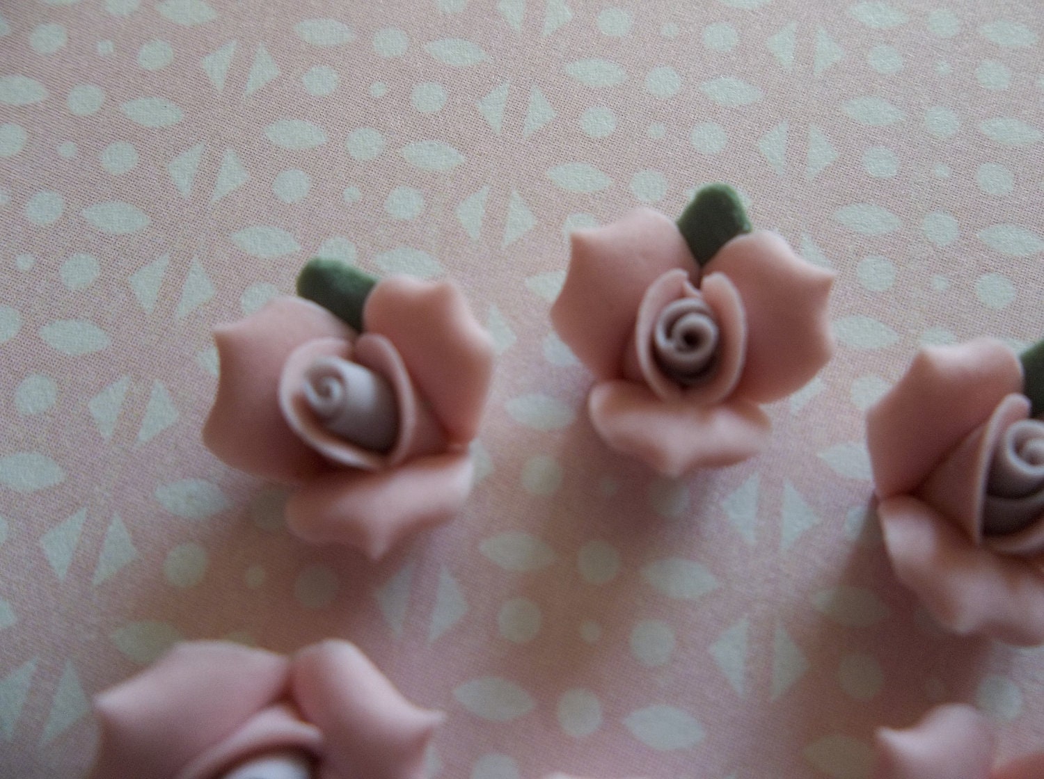 Sweet Pink Ceramic Rose Flower Flat Back 11mm Cabochons with Purple Center and Green Leaf - Qty 6