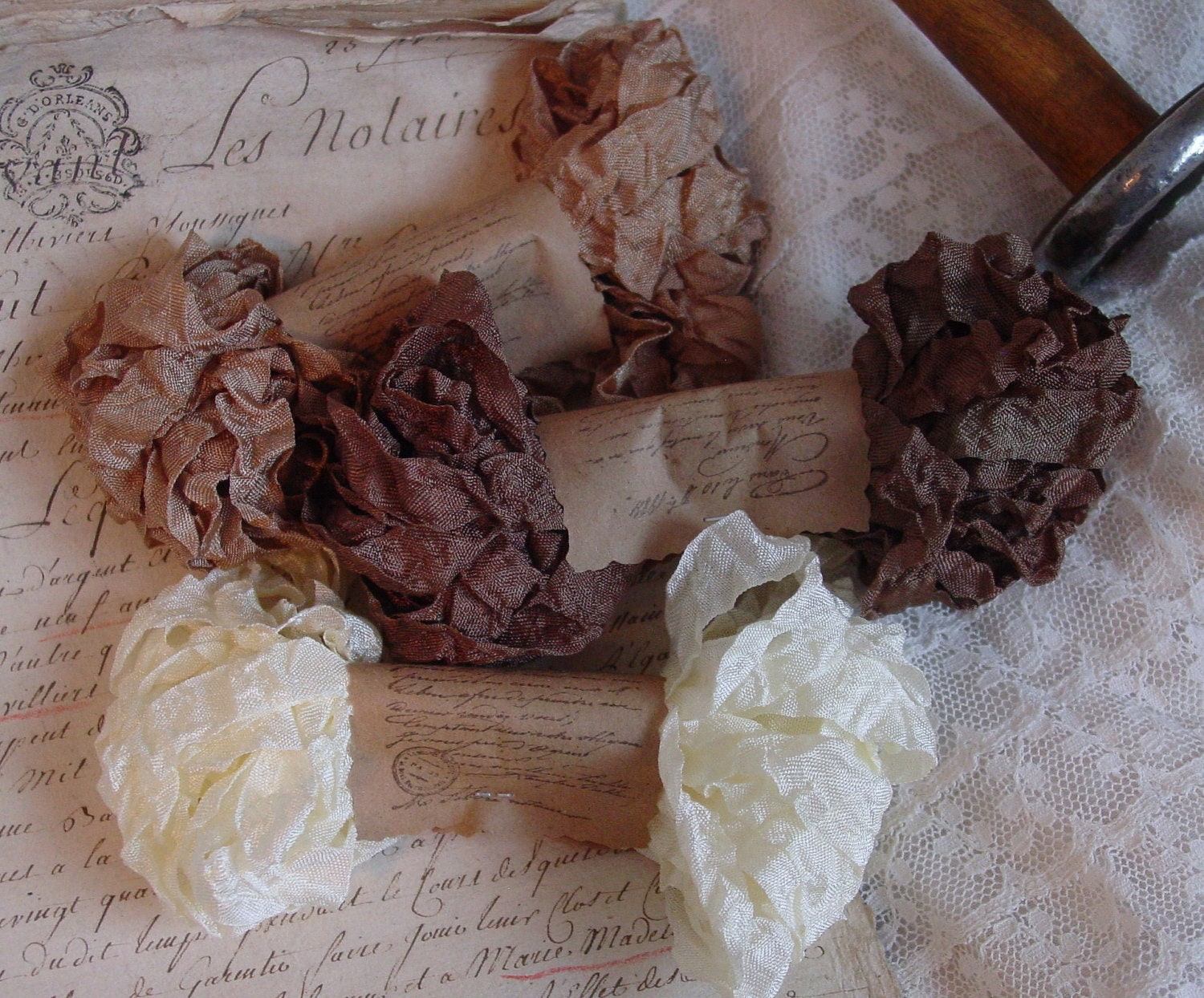 Shabby Wrinkled COFFEE and CREAM ribbon bundle, 15 yards