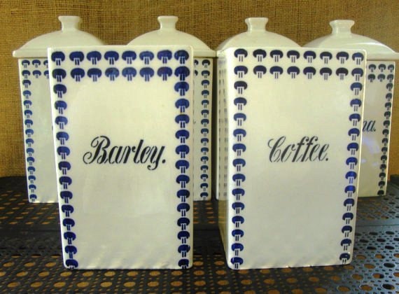 EARLY CENTURY German Antique White & Navy Blue 10 Piece Canister Set  - Germany