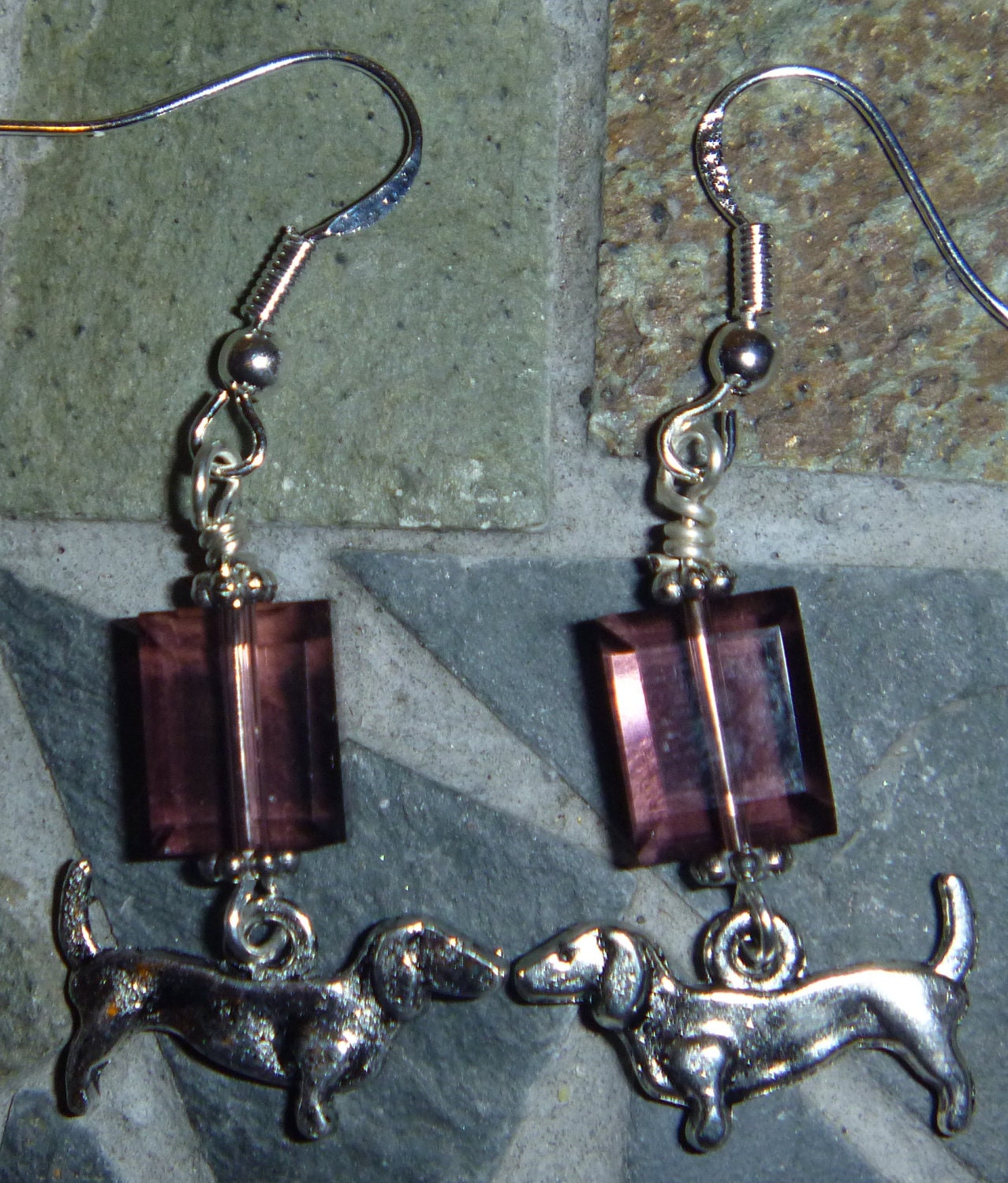 Dachshund, Doxie earrings with purple rectangle crystal beads
