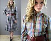 Vintage 80s Plaid Shirt Dress
