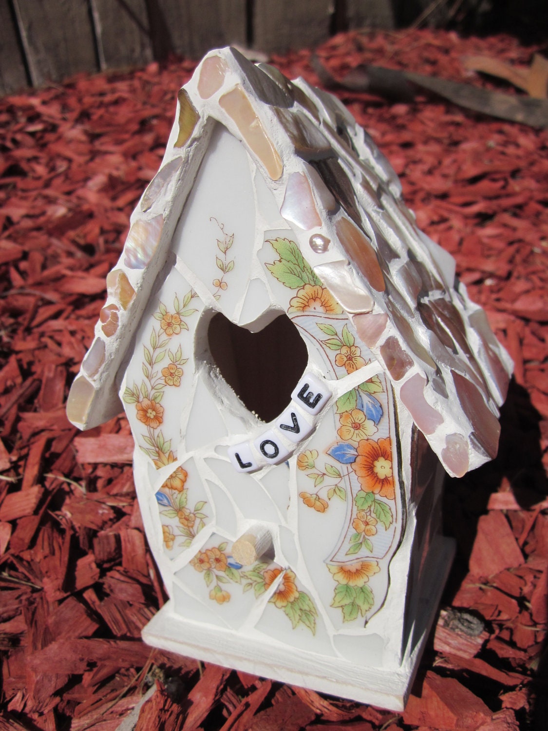 LOVE Mosaic . Abalone Shell . Floral Vintage China . Porcelain . Wood Bird House Mosaic . Shabby Chic . Sea Shells . Recycled . Handmade