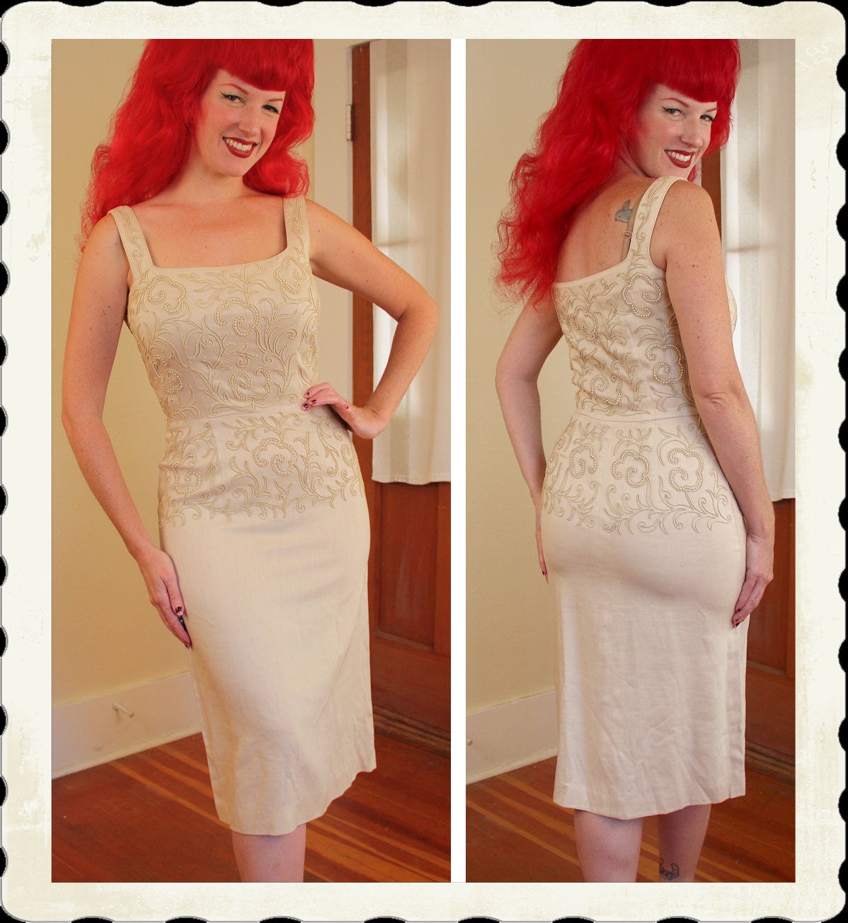 STUNNING 1950's Cream Linen Blend Hourglass Cocktail Dress w/ Squiggle Chord Embroideries & 3D Pearls - Marilyn - VLV - Bridal - Size M to L