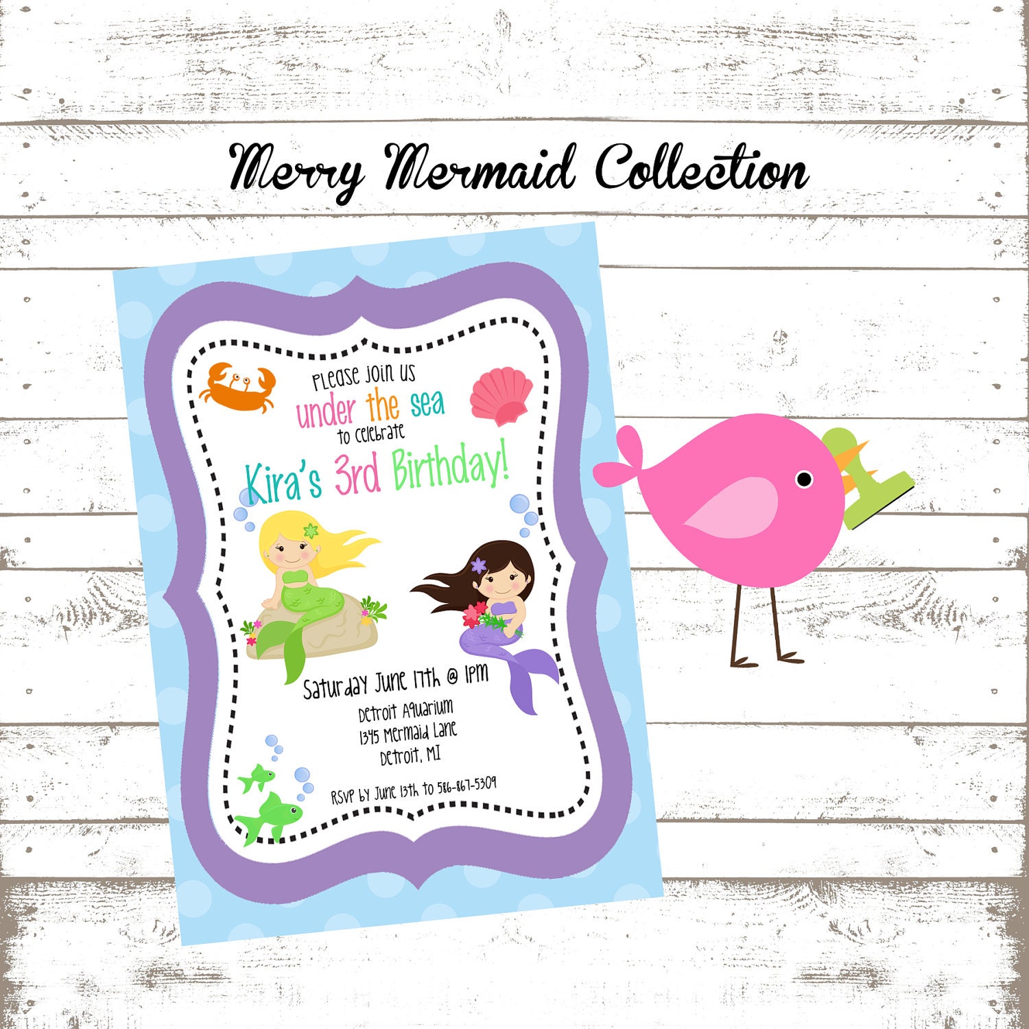 Merry Mermaid Collection: Set of 12- 5x7" invites, personalized w/envelopes. Perfect for an under the sea theme. Il_170x135