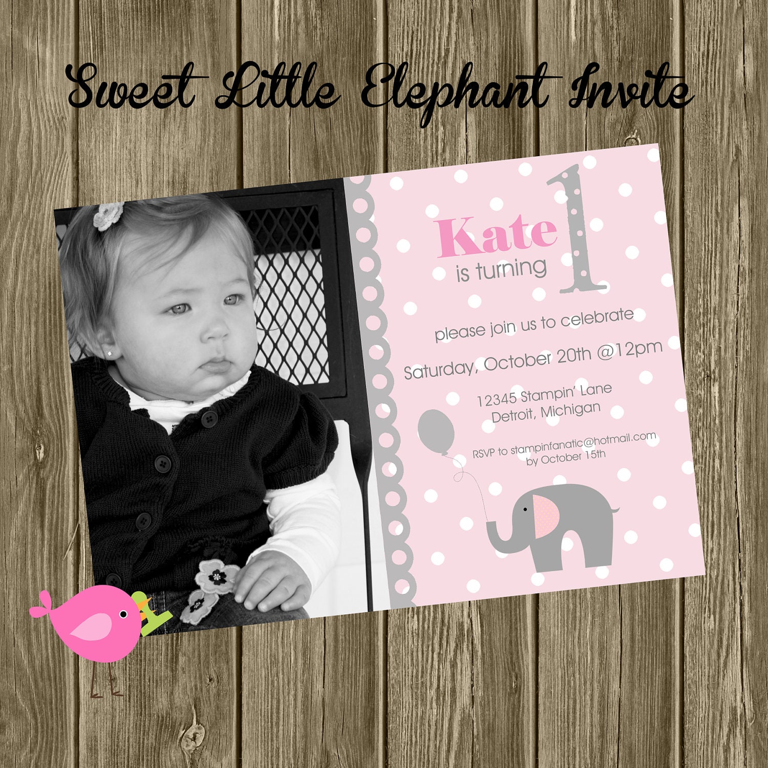 Sweet Little Peanut Collection: Set of 12 5x7" Elephant Birthday Invitations. Elephant First Birthday. Pink and Grey Elephant Invite. Il_170x135