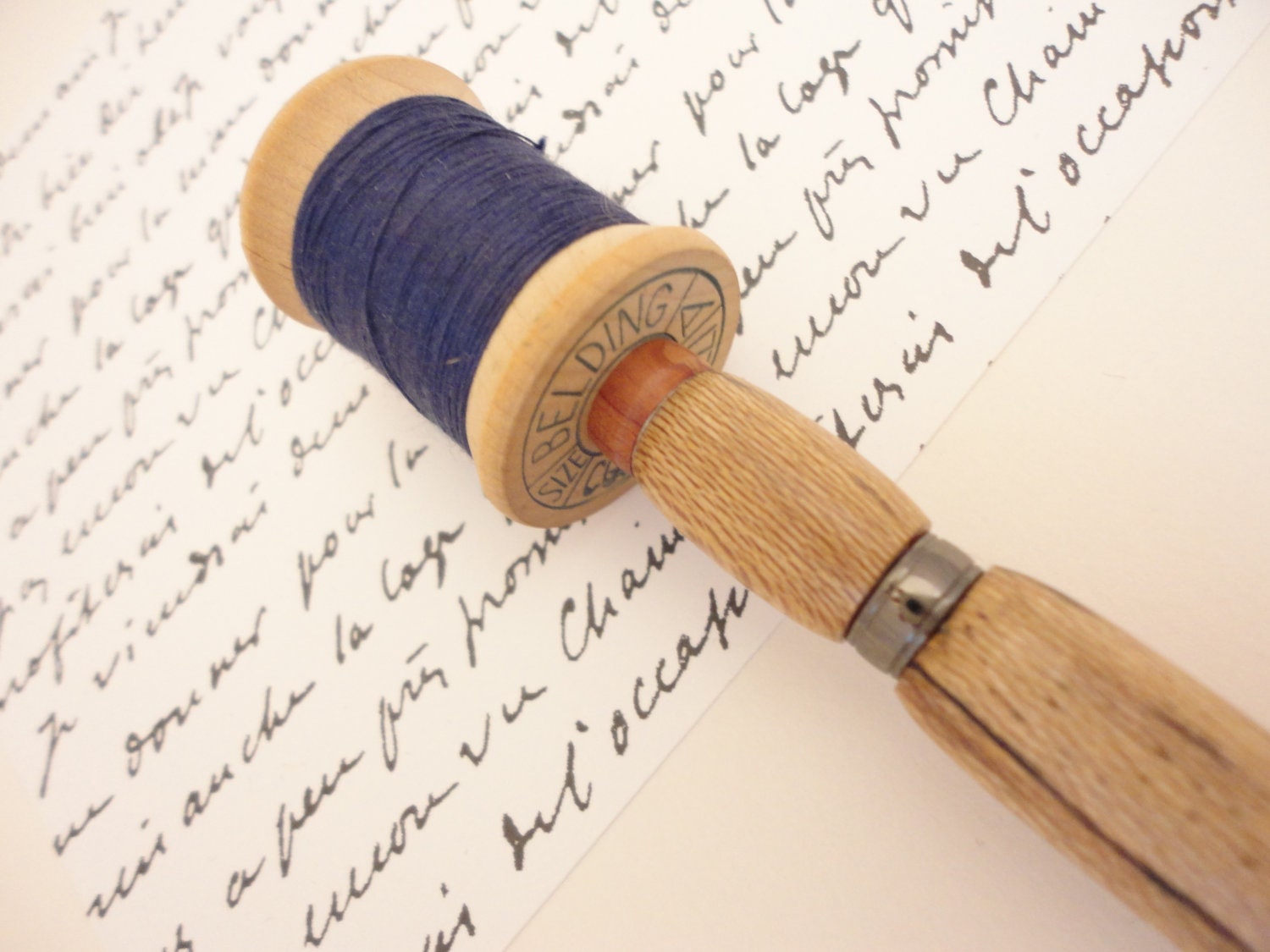Cool Pen with Vintage Wooden Spool of Thread in Navy Blue - Unique idea for Mom