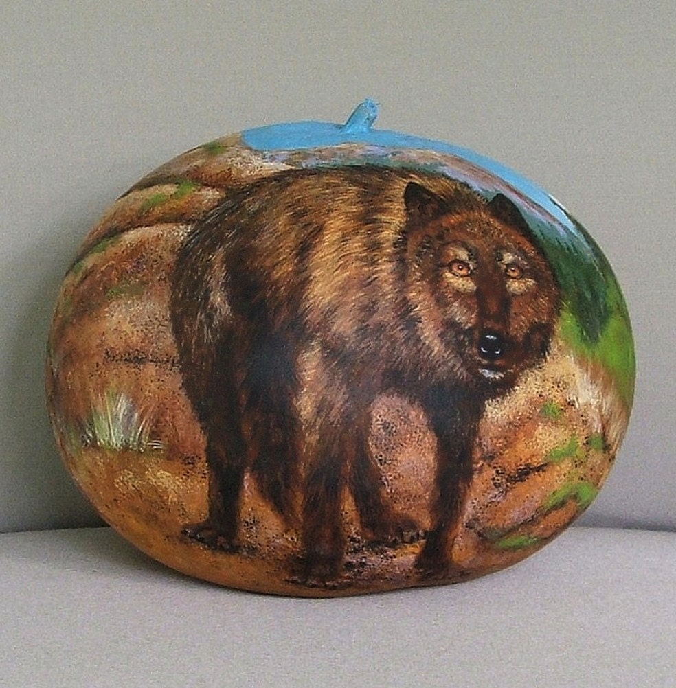 Hes Got Your Eyes, hand painted wolf gourd, 8 1/2 inches x 9 inches diameter