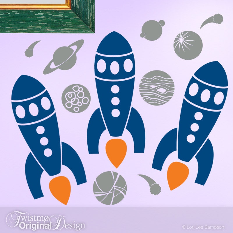 Boys Room Wall Decal: Three Rocket Ships with Outer Space Planets, Comets and a Moon, Boys Bedroom Decor X99