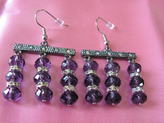 Purple Crystal and Rhinestone Chandelier Earrings