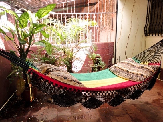 Rastafari Colors One, Single Hammock hand-woven Natural Cotton Simple Fringe