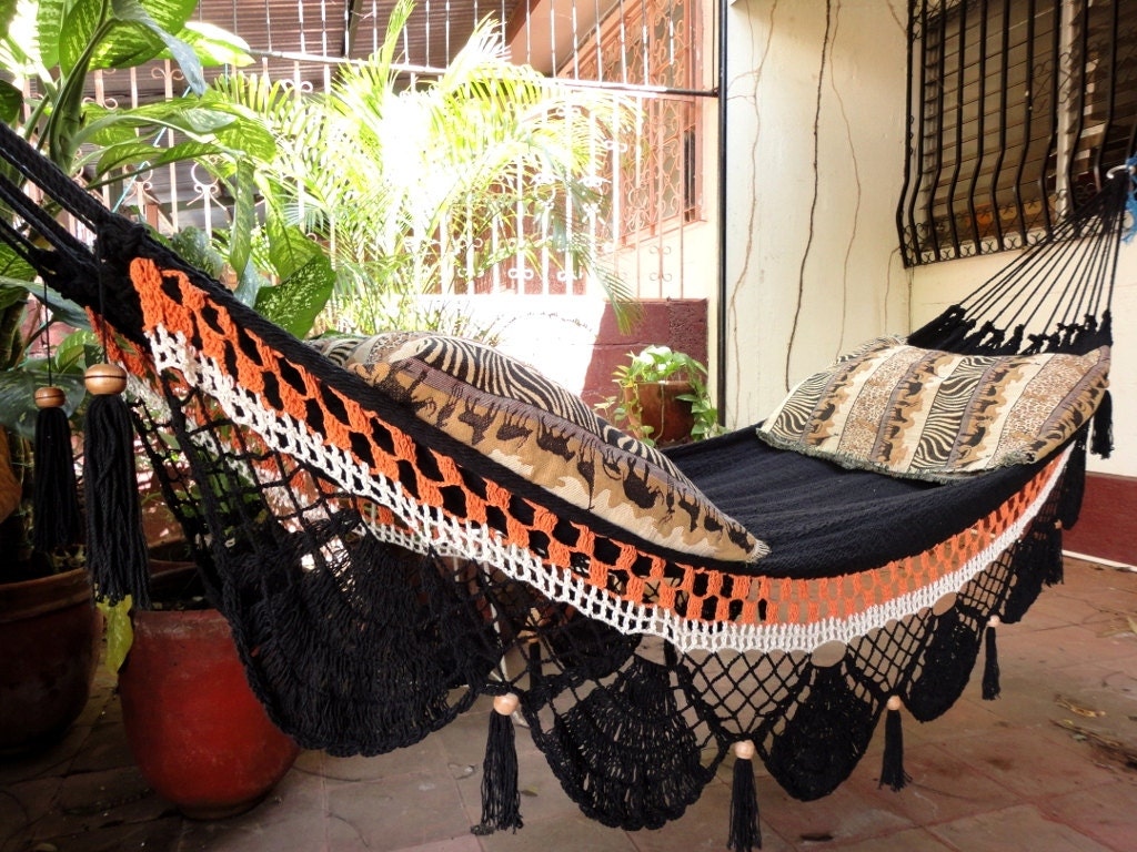 Black two lines Hammock, Hand Woven Natural Cotton with Special Fringe
