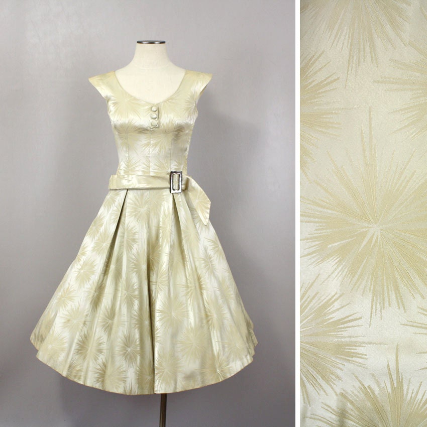 Vintage 1950s Dress Satin Starburst Princess Seam Fit & Flare Bombshell Dress