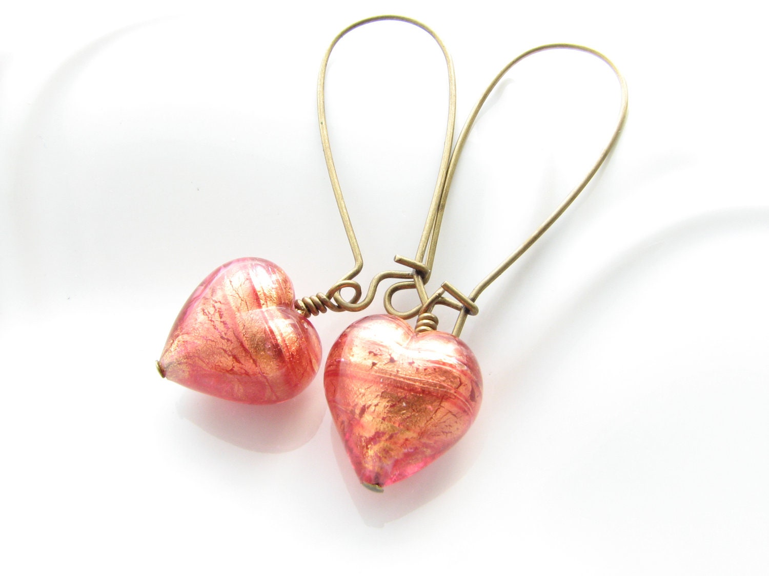 Heart dangle earrings orange red pink gold Venetian glass