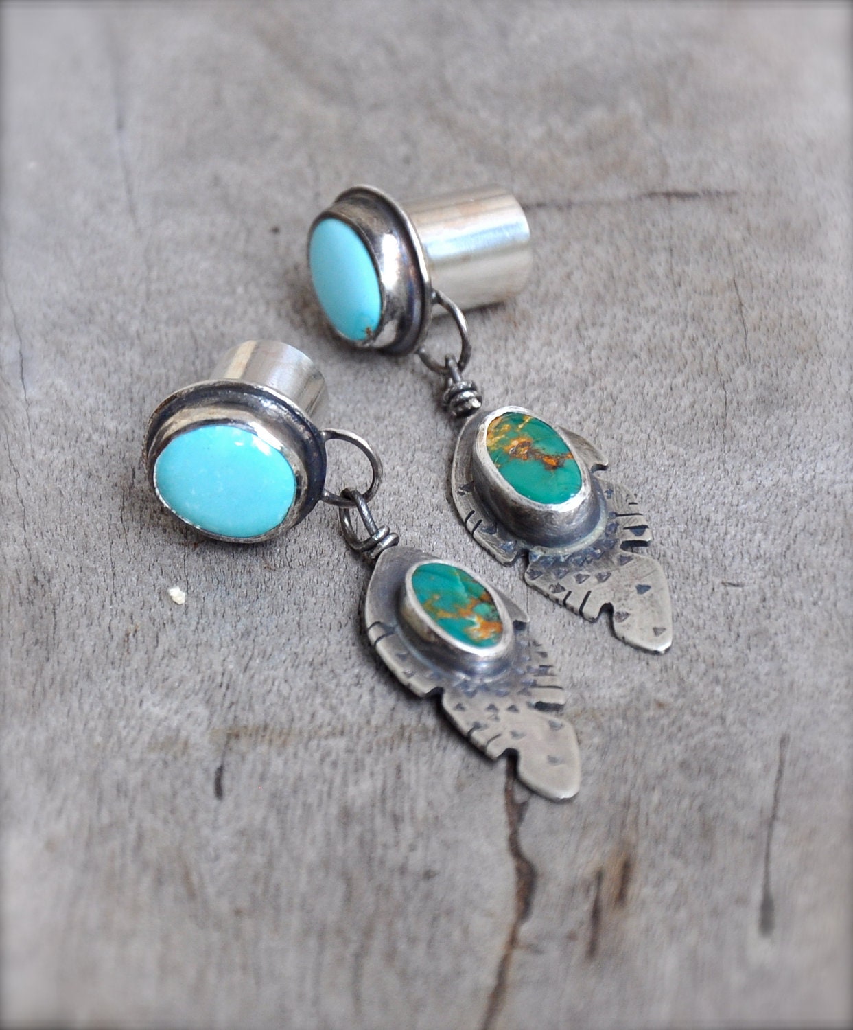 Gauge Earrings on 00 Gauge Turquoise Feather Silver Plugs With Manassa And Sleeping