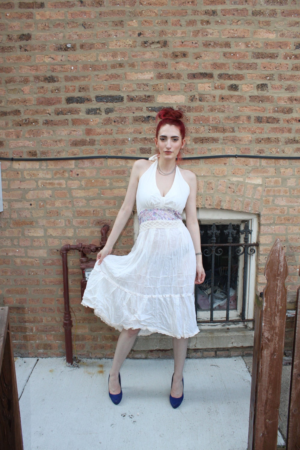 Dress 1970s 70s Gauze Ivory Halter Embroidered Boho Summer Beach M L XL Plus Size