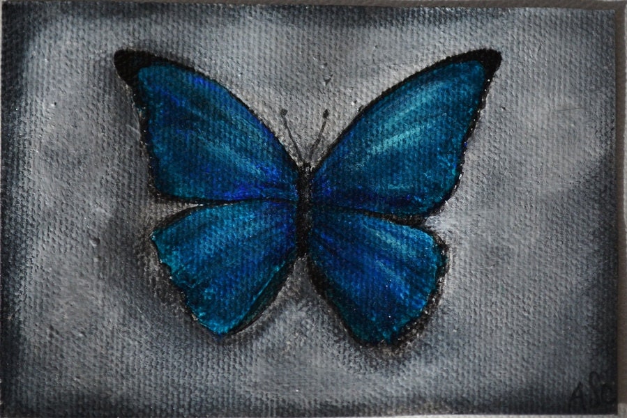 Original Acrylic Morpho Butterfly Painting ACEO art card by Amanda Christine
