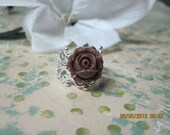 Brown Rosebud on an adjustable Silver Filigree Vintage Style Ring