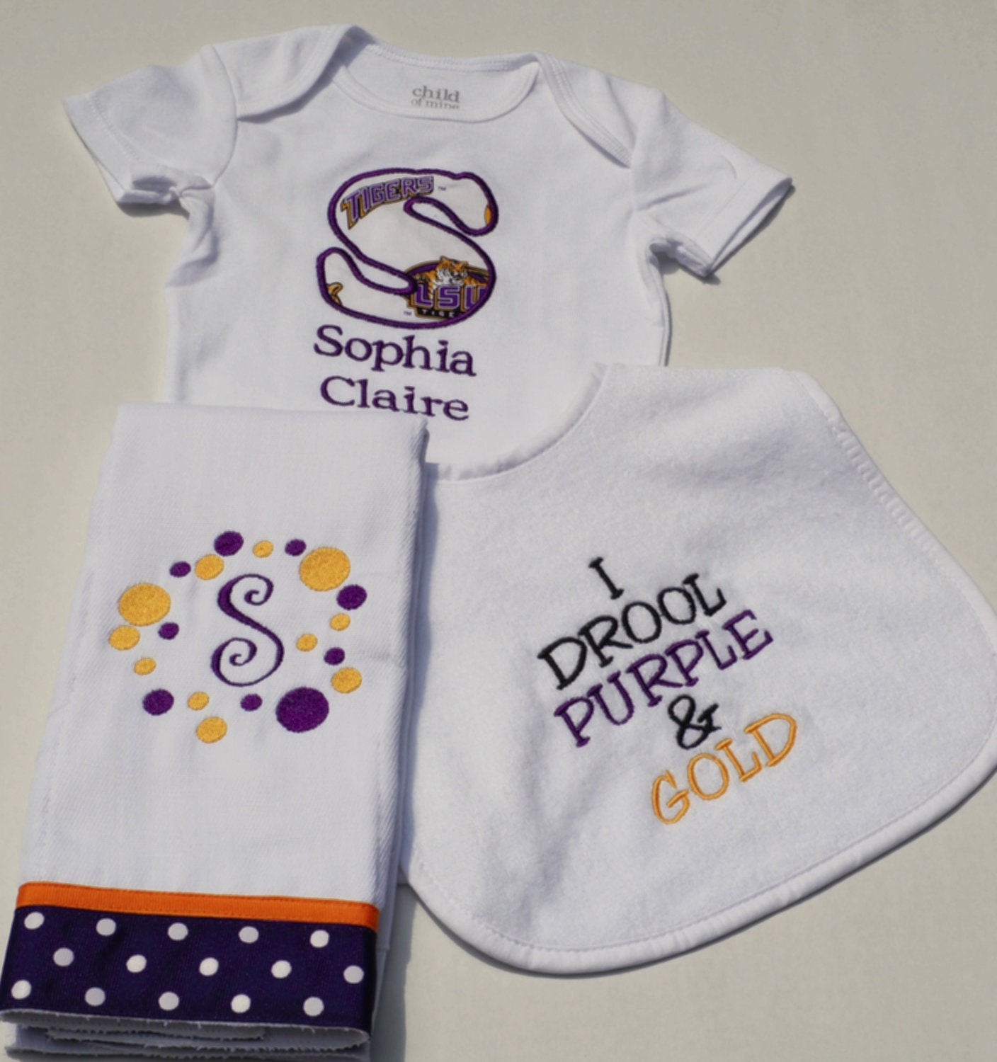 Louisana State University Bib, Burp Cloth and Onesie Gift Set