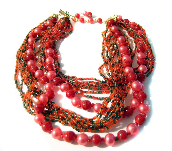 Multi Strand Necklace Seed Bead Faux Pearl Japan Boho - oneredhen