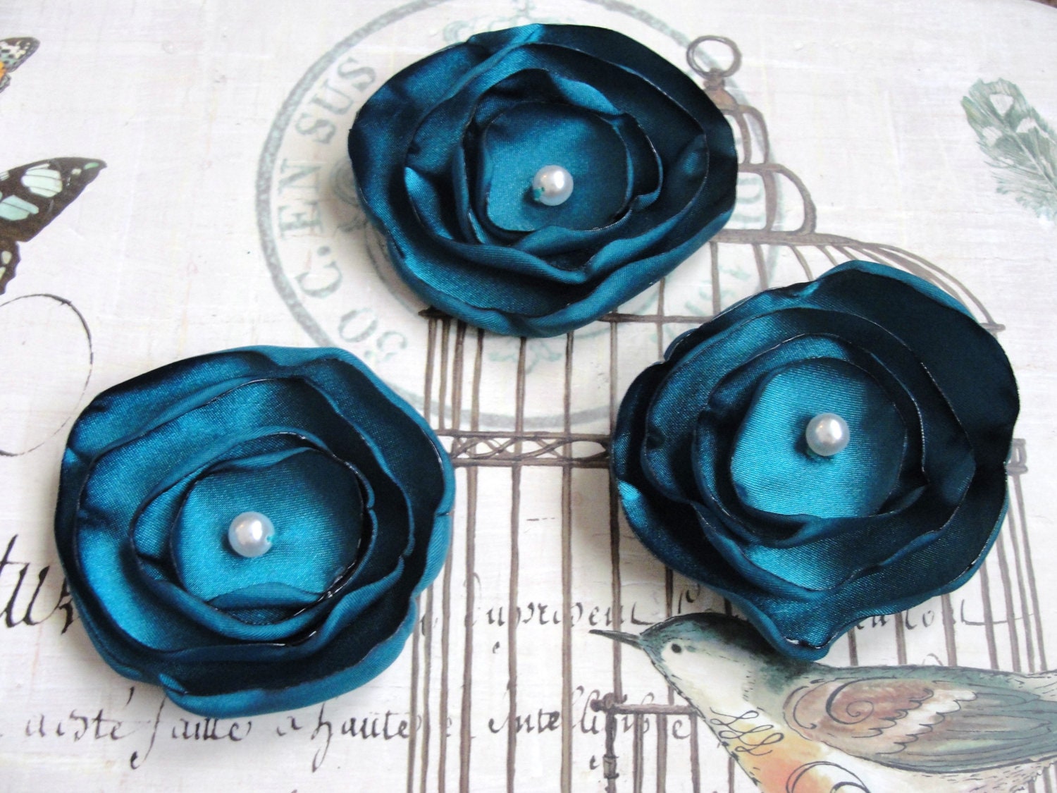 3 Teal blue  Satin hair flowers for bridesmaids/bride/bridal party