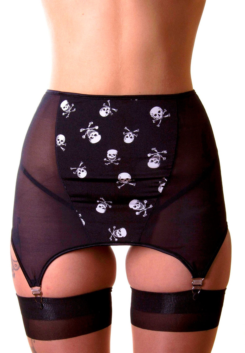 Powernet with Skull Print 4 Clip Garter Belt