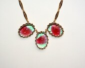Vintage Huge crown set Cuba two tone red green glass 18ct gold plated necklace