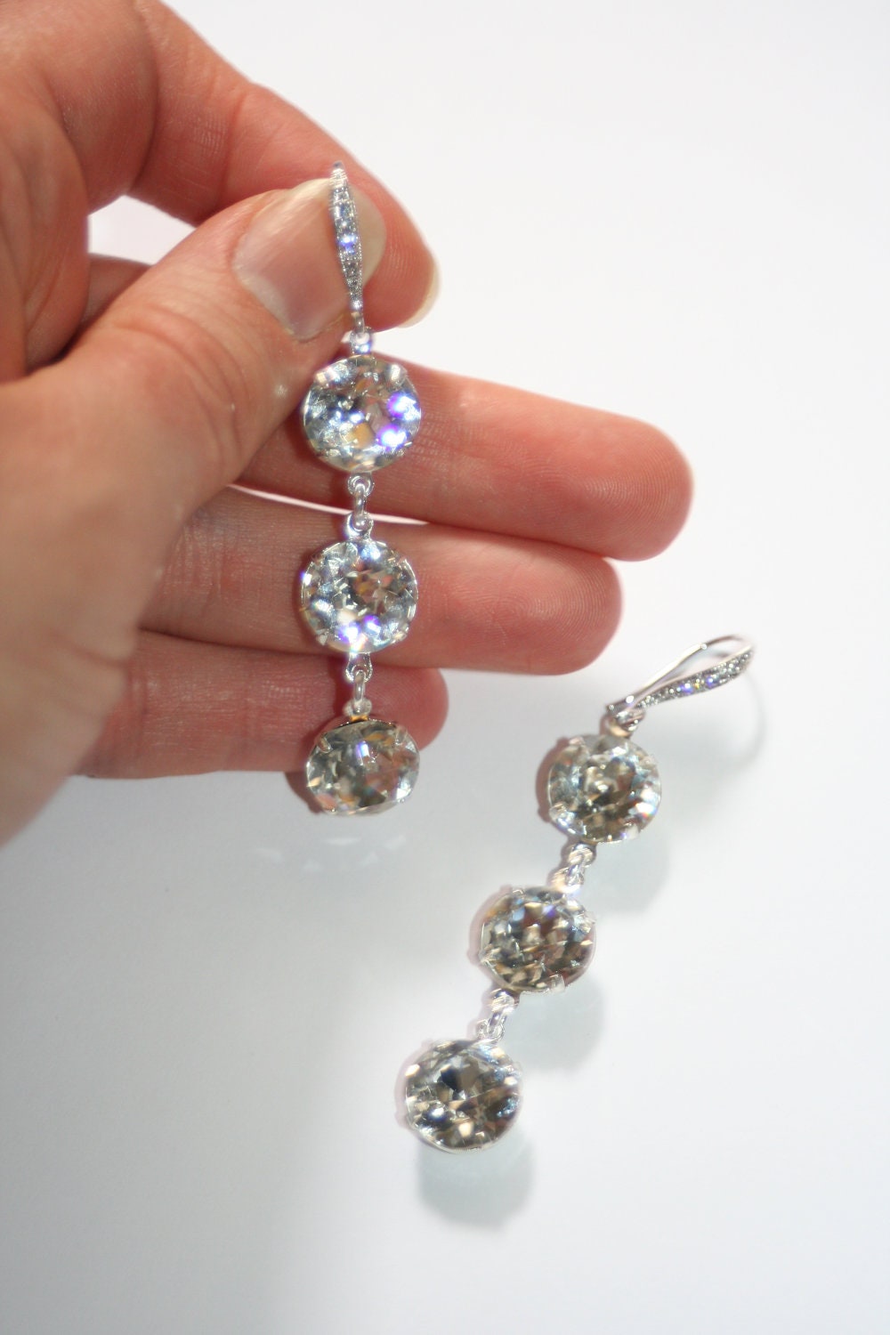 Vintage Triple drop Swarovski crystal bridal party sparkle dangle silver earring