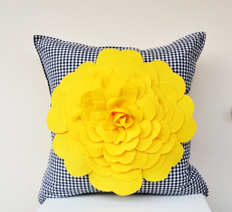 SALE %20 OFF Yellow Felt Flower in ECO Friendly Naturel Cotton Cushion Cover with Felt Flower Navy Blue Gingham Fabric