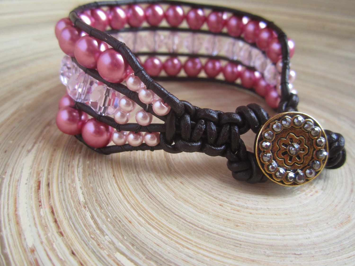 Triple row leather wrap cuff bracelet