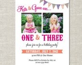 Bunting Carnival Photo Birthday Invitation (Digital or Printed) - Double Birthday 1 & 3
