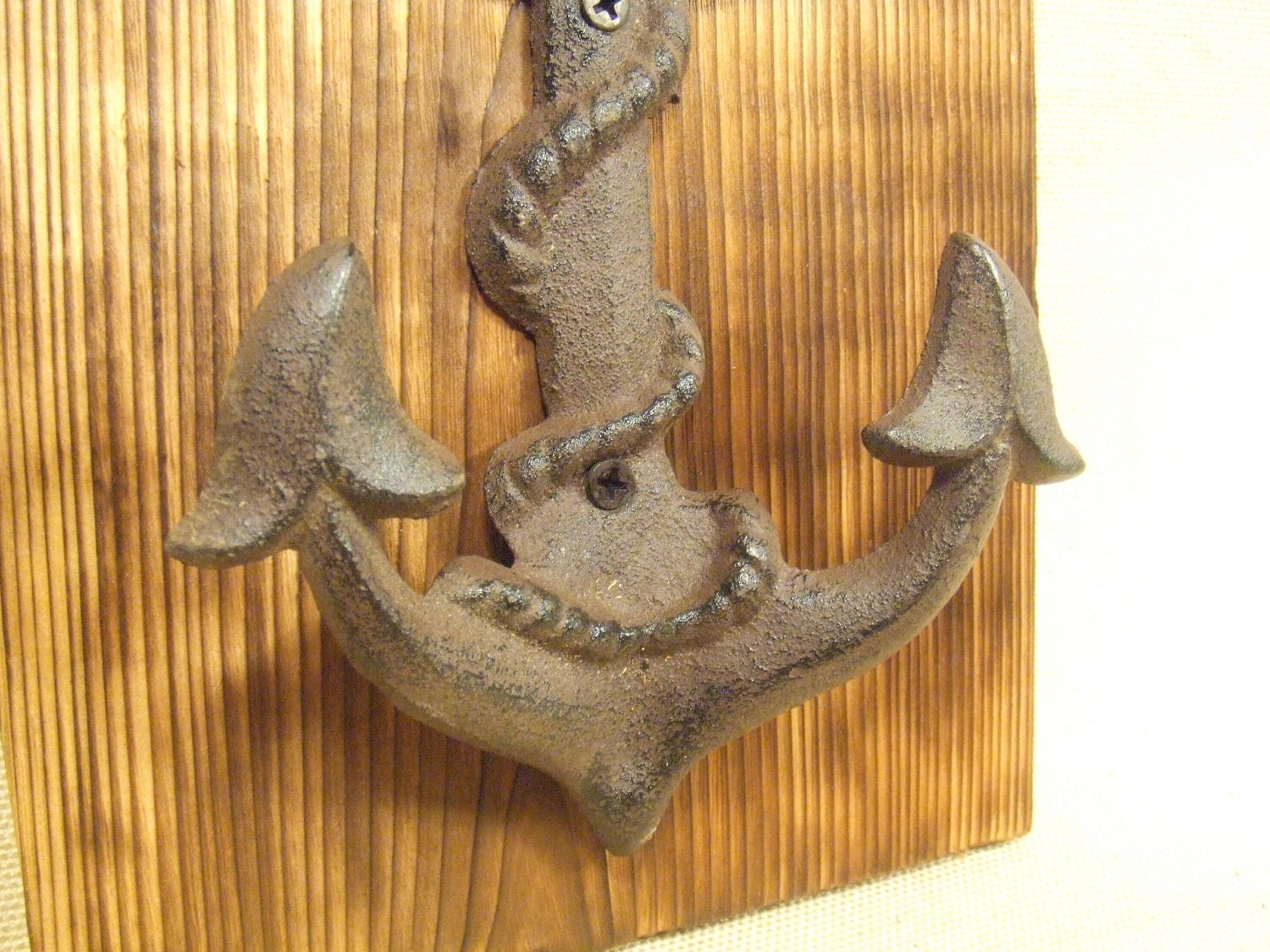 Rustic Cast Iron Anchor coat rack  -- lodge cabin decor -- rich patina on cast iron hooks and western cedar