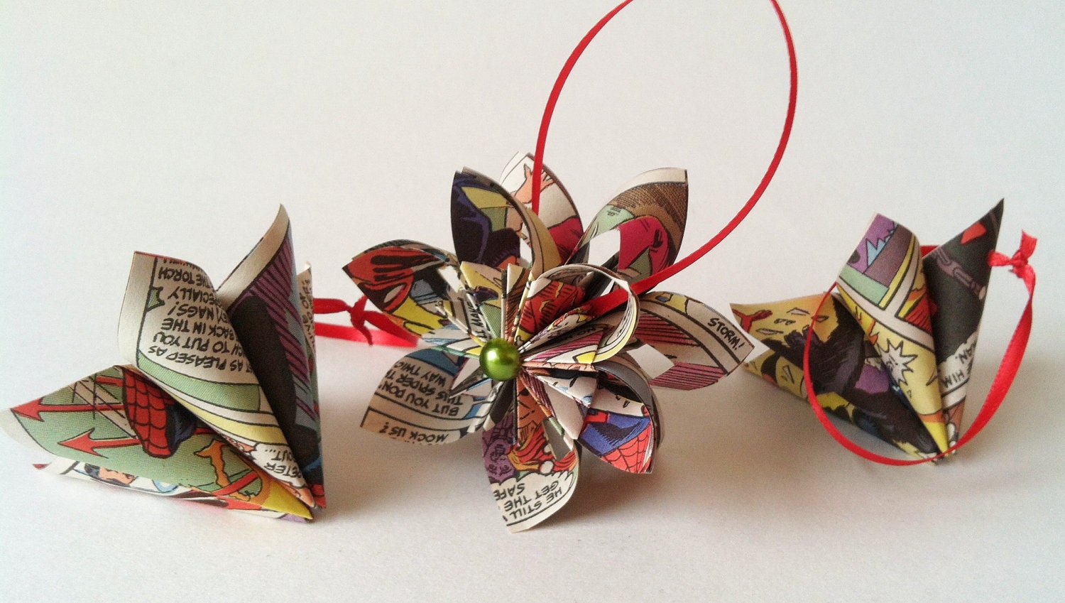 Comic Book Origami Ornaments- Spiderman, set of 3, falling star, paper flowers, one of a kind origami, holiday decoration, Christmas
