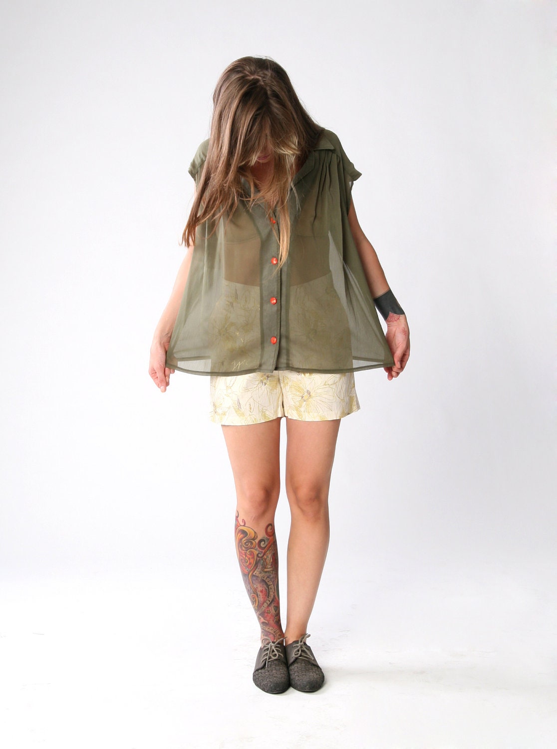 SALE 50% off, Cream with Gold flowers shorts, High waist, Linen pants, women shorts