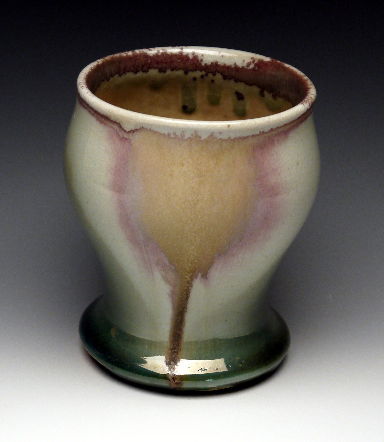 Cup, porcelain, shino with black flower decals, woodfired