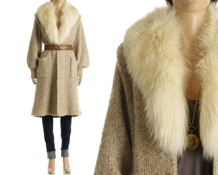 Vintage 80s Sweater Coat - Beige Chunky Knit Fox Fur Maxi Boho Jacket - S / M / L