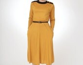 Vintage 1970s Mustard Yellow and Black Jersey Knit Midi Dress - size medium