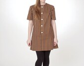 Vintage 1960s Brown Vertical striped mini dress with white buttons - size medium/large