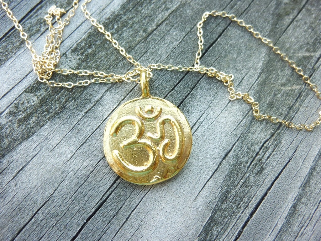 reversible OM symbol and lotus flower charm necklace-gold om charm necklace-gold lotus flower necklace-double sided medallion necklace