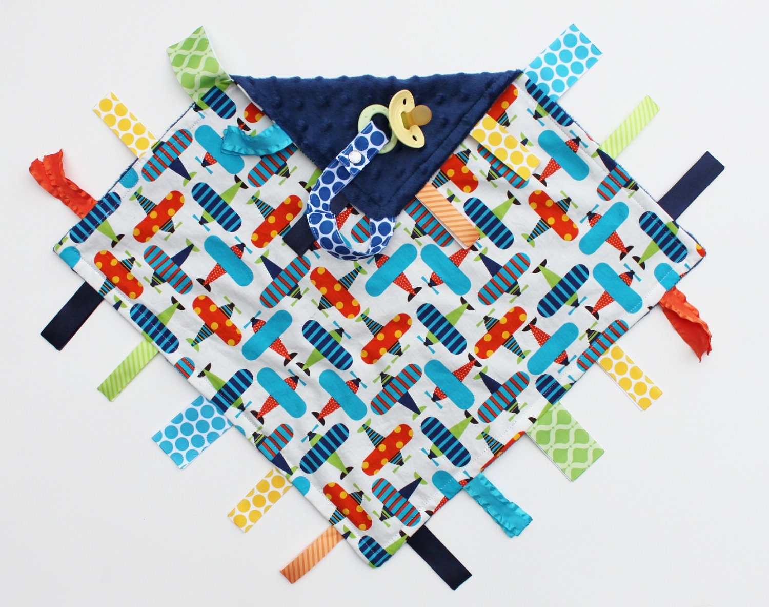 Baby Boy Airplanes Ribbon Tag Blankie with Pacifier Clip, Large 16 x 16 Navy Blue