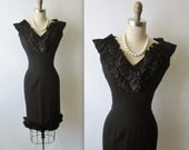 50's Cocktail Dress // Vintage 1950's Black Ruffle Fitted Cocktail Party Wiggle Dress XS