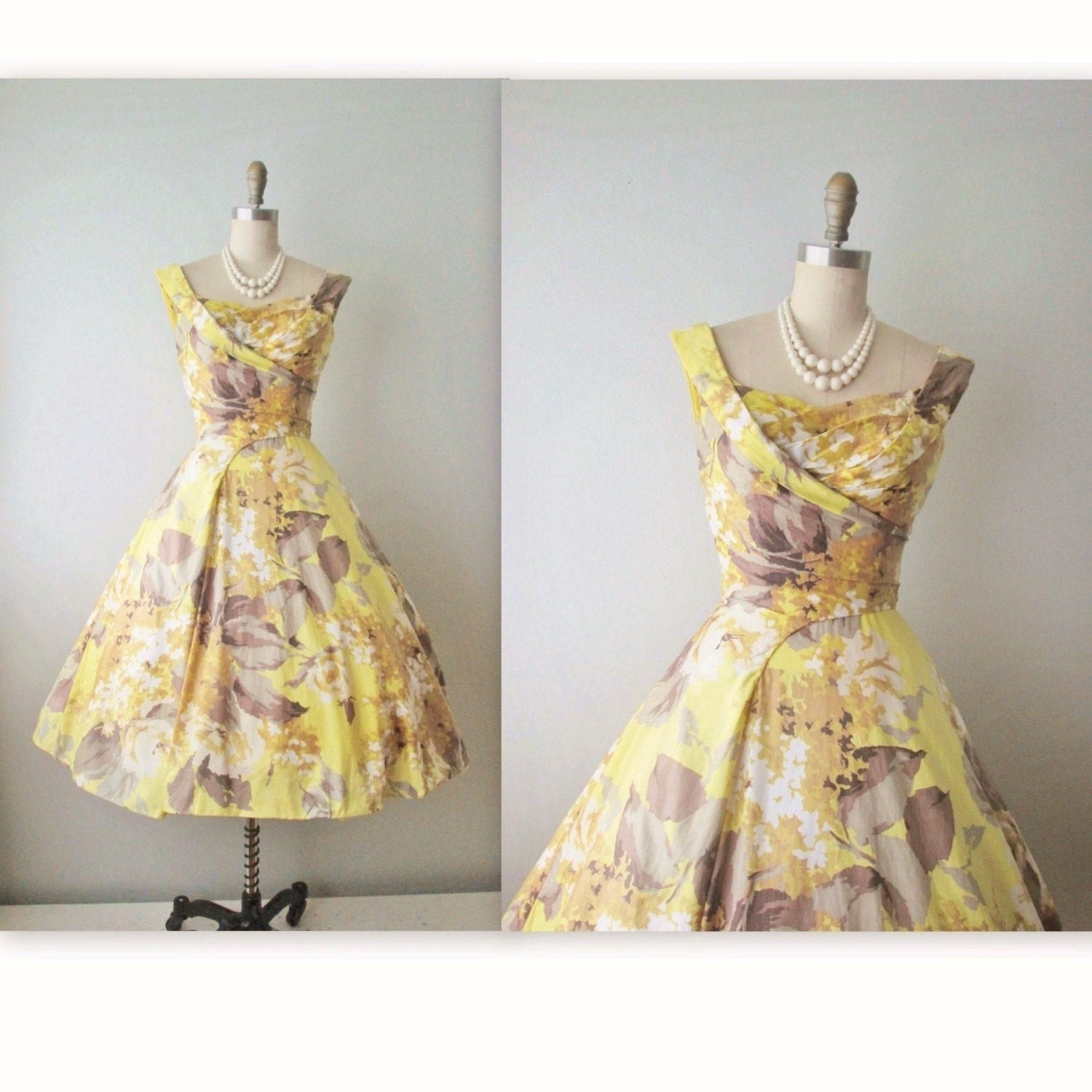 50's Ceil Chapman Dress // Vintage 1950's Floral Print Cotton Ceil Chapman Draped Garden Party Wedding Dress XS
