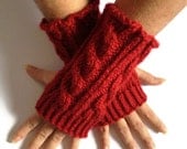 Fingerless Gloves Wrist Warmers in Red Cable Handknit