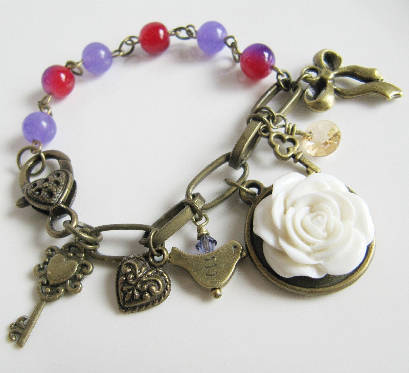 Charm bracelet, jewelry, charm, gift for her, chunky bracelet, vintage style bracelet, romantic jewelry