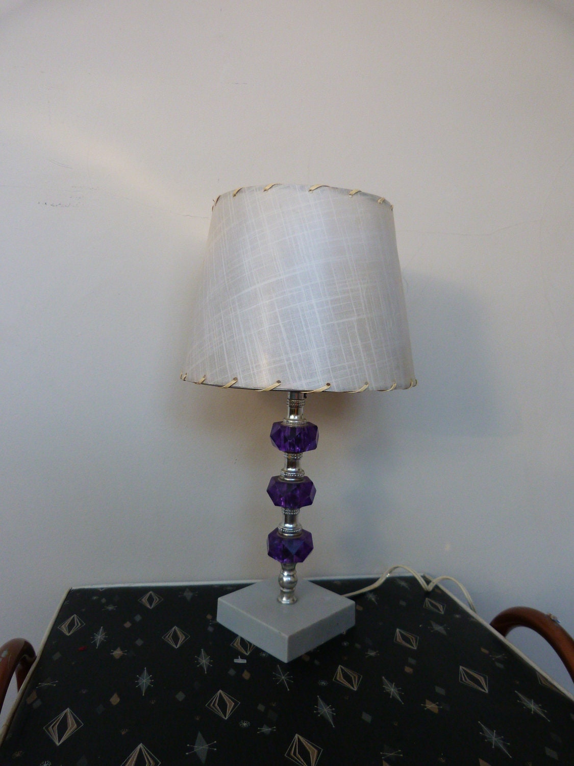 Vintage 1950's Purple Jeweled Bedside Lamp With Original Drum Shade