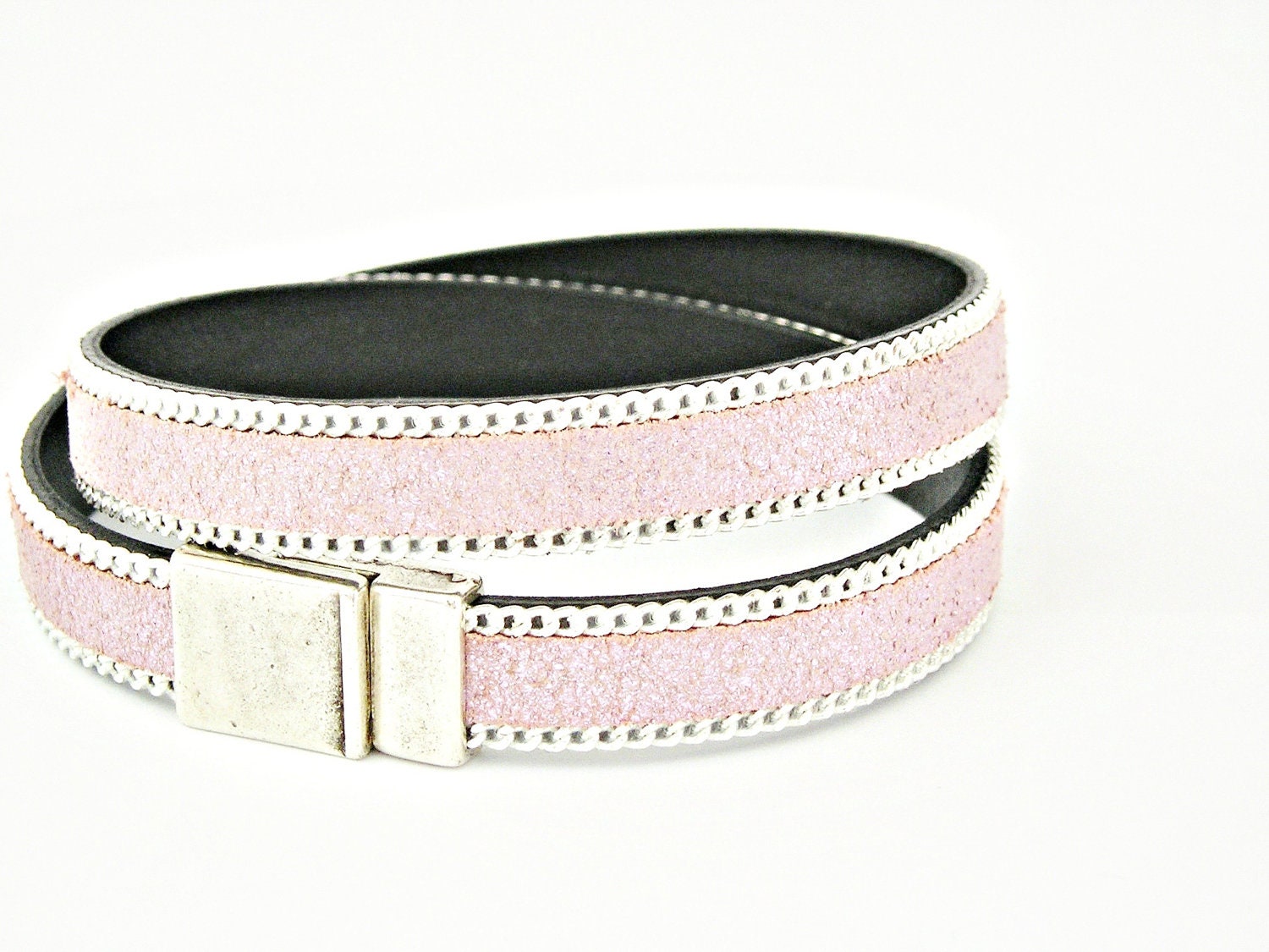 Sparkle light pink leather bracelet with silver chain double wrapped with magnetic clasp