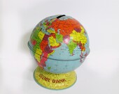 Vintage World Globe Coin Bank - Lithograph Tin - Childrens Room Decor