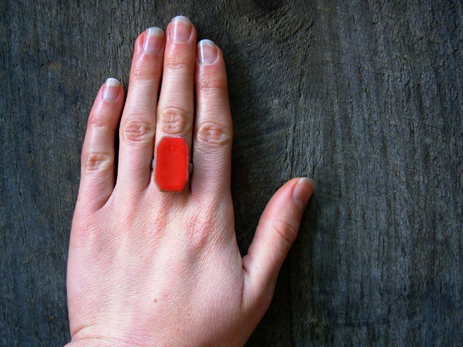 Adjustable Rectangle Pottery Ring- Coral Red